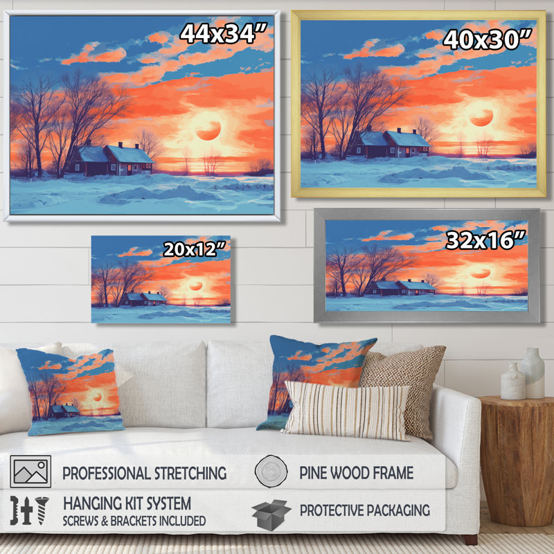 Coucher de soleil rouge sur une maison de campagne enneigée, H 12 po x l 20 po x P 1 po, Toile avec cadre flottant noir