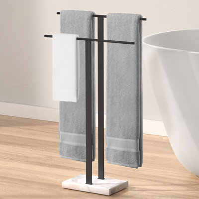 Porte-serviettes autoportant KES à 2 niveaux H 33 po avec base en marbre lesté pour salle de bain en acier inoxydable 18/8, noir mat