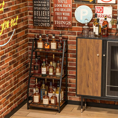 3-Tier Floor Wine Rack with Stepped Display – Freestanding Liquor Bottle Storage Shelf, Vintage MDF & Iron Stand for Bar, Living Room, and Kitchen