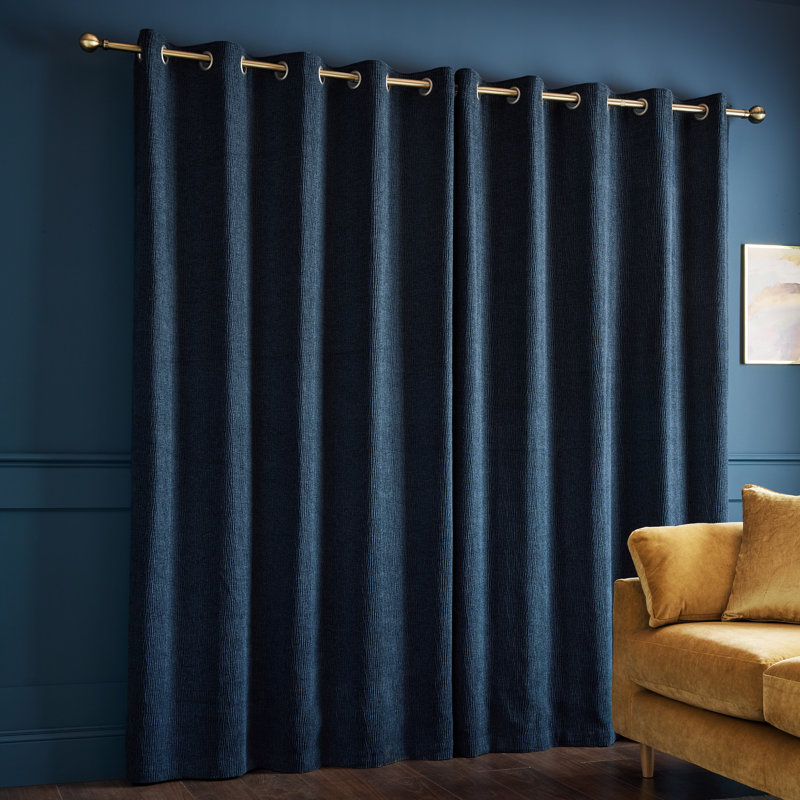 Crinkle Chenille Lined Eyelet Curtains, Blue, 46 x 72 Inch