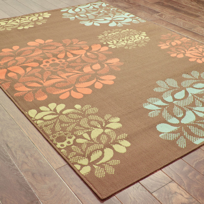 Tapis d'intérieur / extérieur à motif floral brun / bleu Ashmi, Rectangle 2 pi 5 po x 4 pi 5 po