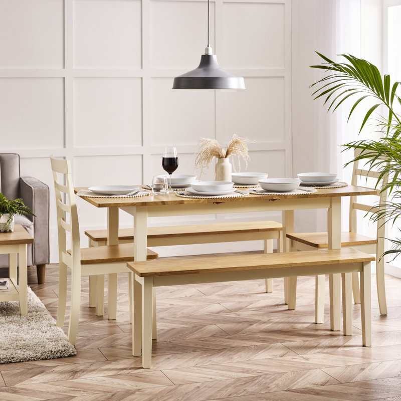 Alissah Rubberwood Extending Dining Table Set, 5 Pieces: Table, 2 Benches, 2 Chairs, Oak/Cream