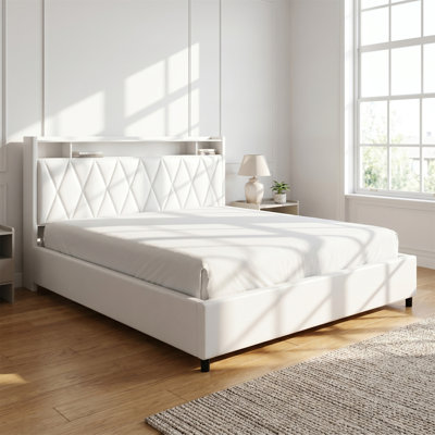 Queen-Size Bed Frame, Featuring Sockets, Chargers, Springless Platform Bed, Silent Design, Scandinavian Style