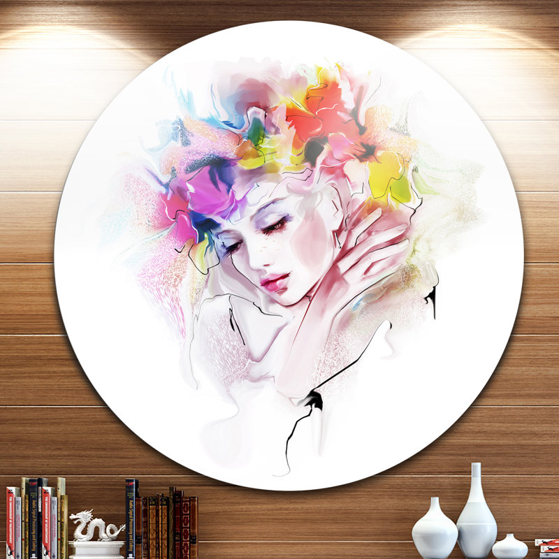 «Girl with Flowers Wreath», peinture, H 38 po x l 38 po x P 1 po, Métal