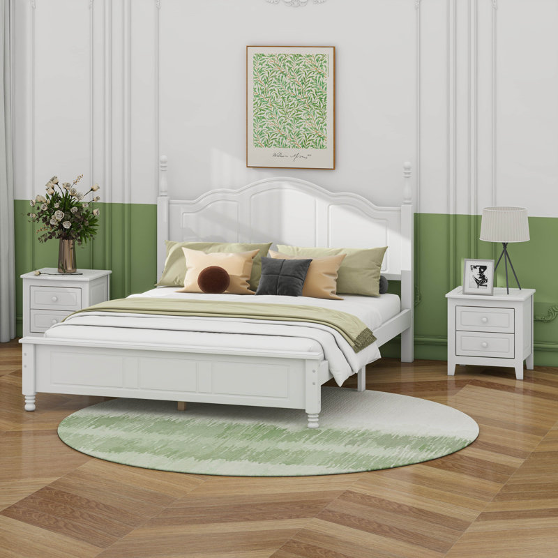 Ensemble de chambre à coucher 3 pièces - Grand lit plateforme en bois et 2 tables de chevet