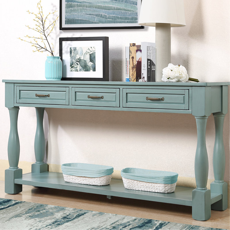 Console en bois massif de 63 po, bleu rétro, 3 tiroirs et tablette inférieure, décor contemporain de 63 po avec structure et 1 élégant design américain