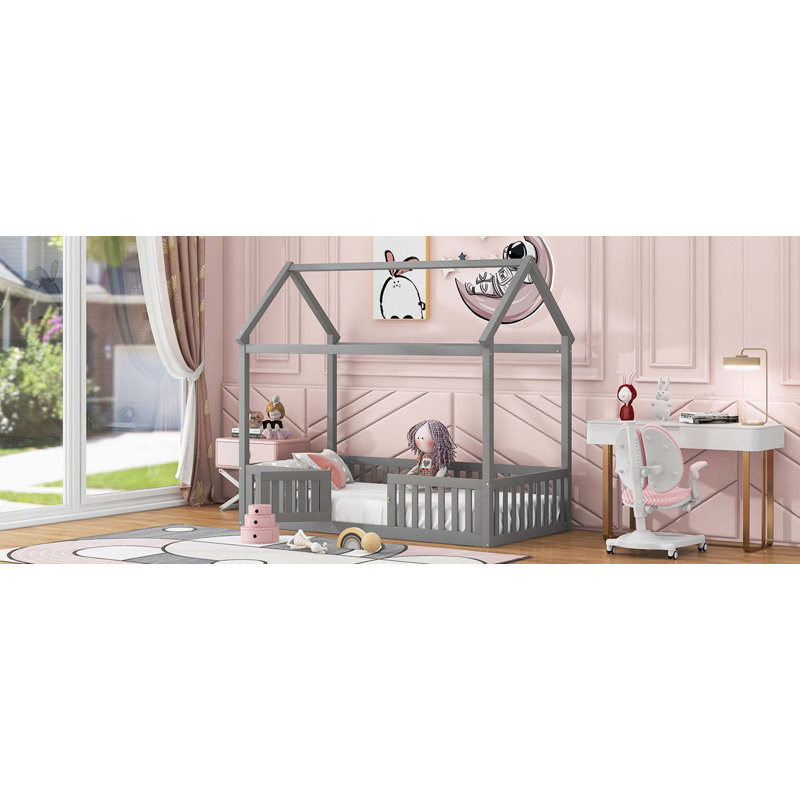 Lit simple en bois avec clôture et porte, gris, gris, Simple