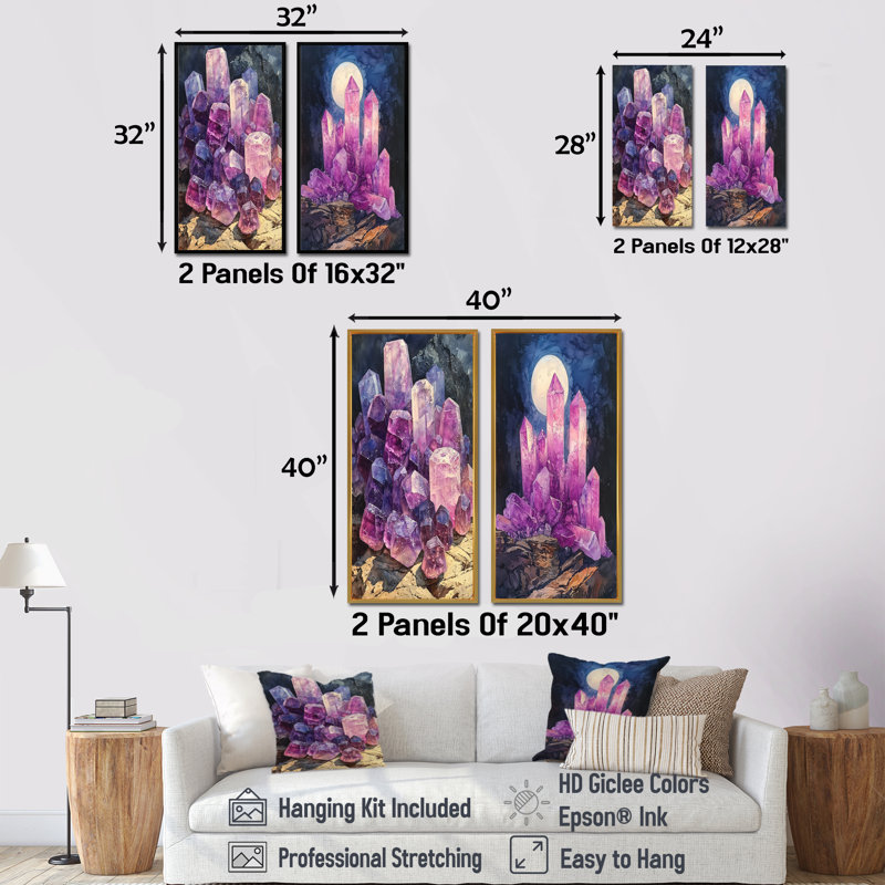 Crystals Energy - rose et mauve à la lune I - Collection d'art sur toile 2 panneaux, H 32 po x l 33 po, Toile tendue