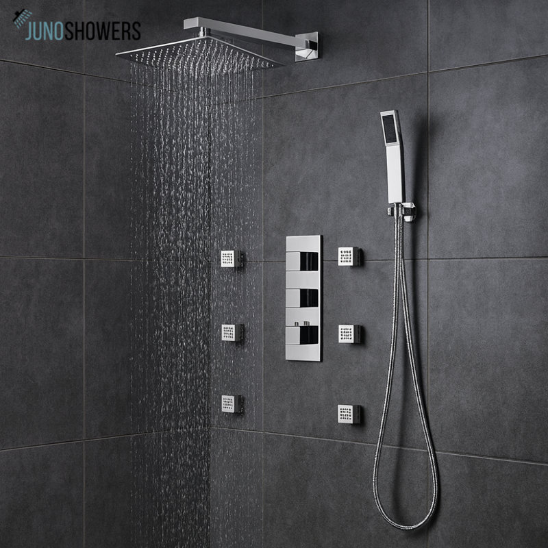 8 Inch Wall Shower System Chrome Finish with Handheld Spray and Thermostatic Valve