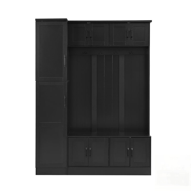 Tall Modern Hall Tree With Shoe Storage, 4-In-1 Entryway Bench, 6 Cabinets, 4 Coat Hooks & Adjustable Shelf For Organized Living