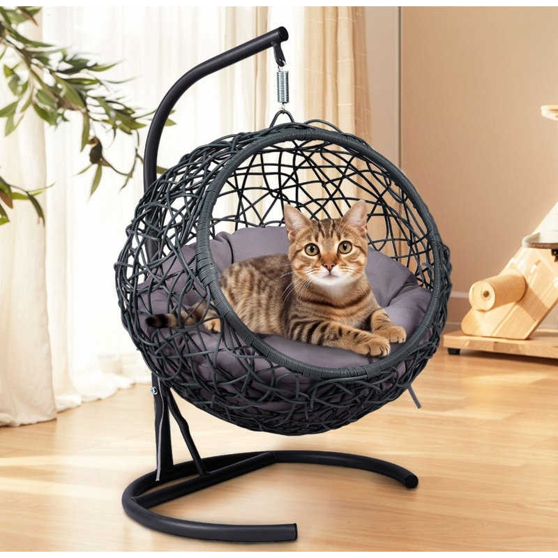 Balançoire en forme d'œuf de chat avec support et coussin, chaise pivotante suspendue en rotin et osier, lit douillet pour chats