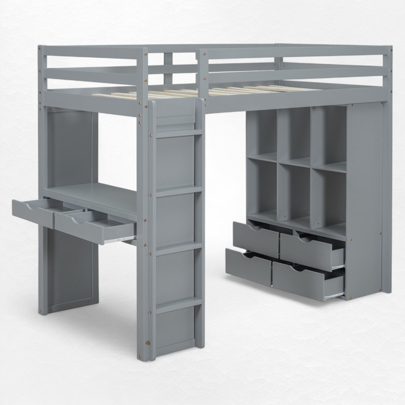 Lit mezzanine avec bureau intégré et rangement, Gris, Simple