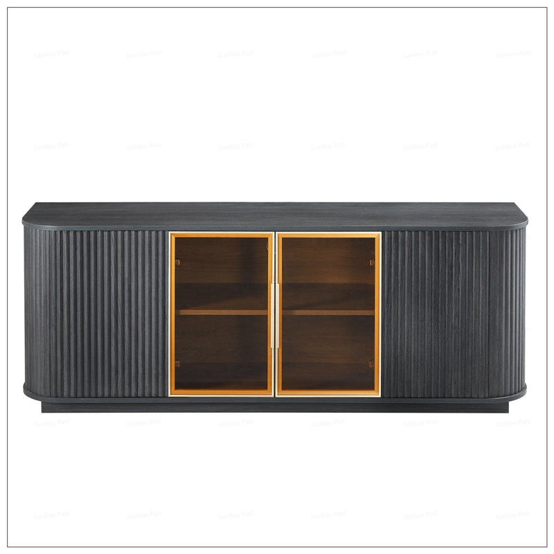 64-Inch Wavy TV Cabinet With LED Lights, Round Sideboard, Wooden Vertical Stripe Storage For Living Room Or Bedroom
