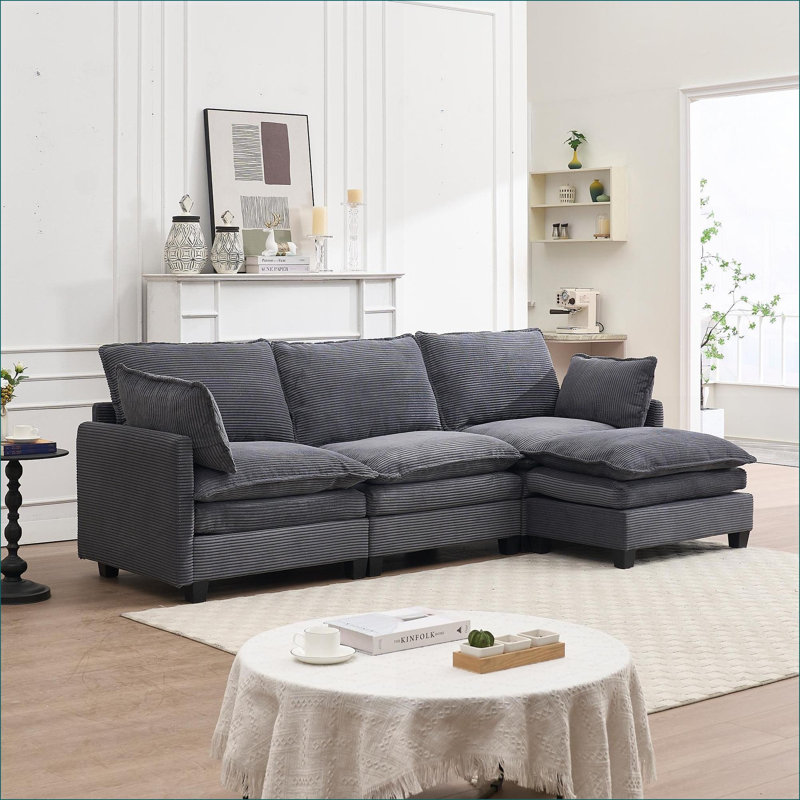 Modular Sofas | U-Shaped 4-Seat Deep Couch for Living Room, with Ottoman &amp; 2 Lumbar Pillows | Velvet | Dark Gray