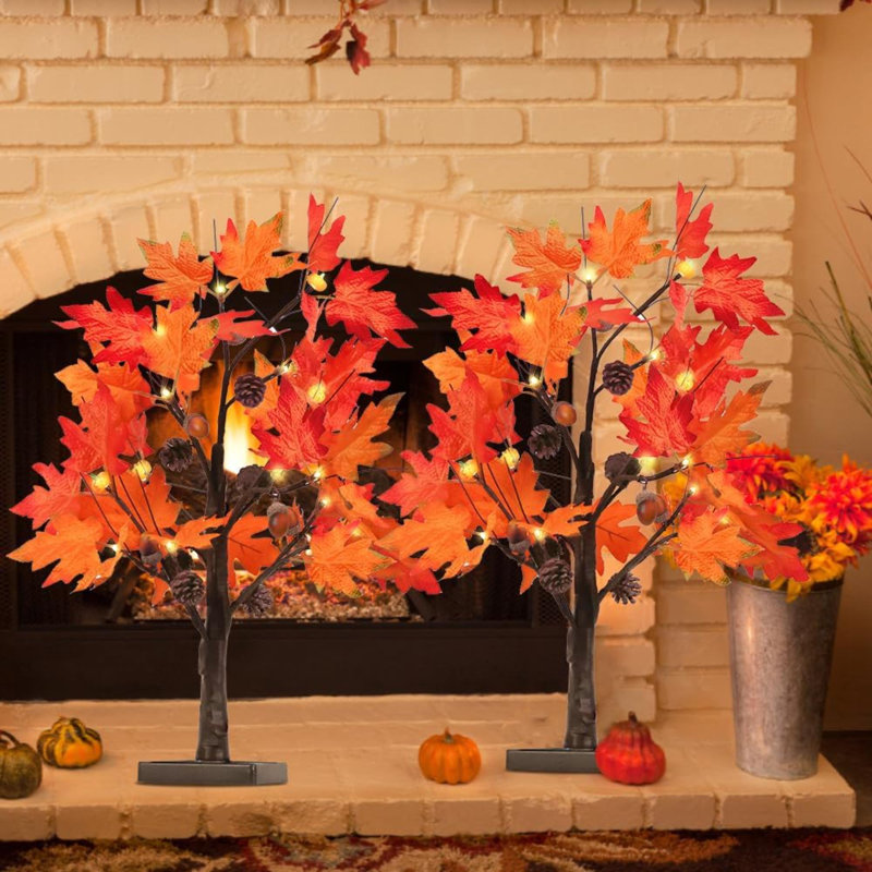 Fall Decorations For Home, 2 Pack 24”/2FT Lighted Fall Maple Leaves Tree With Warm White Leds Autumn Decor, Pumpkin Lampshade, Pine Cone, Acorn Ornaments Battery Powered Timer For Thanksgiving