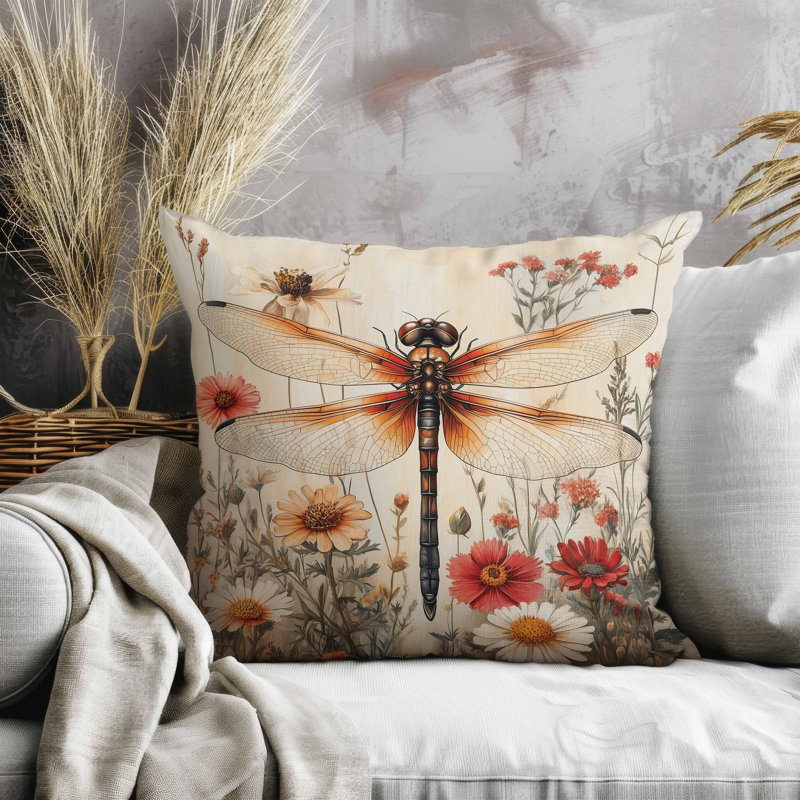 Oreiller en libellule Wildflower, H 26 po x l 26 po, Rouge / Beige