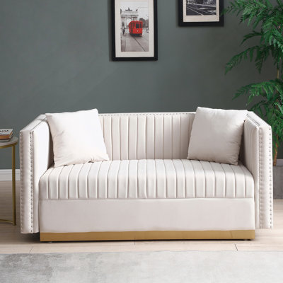 Vertical Channel Tufted Upholstered Sofa Couch For Living Room With 2 Pillows