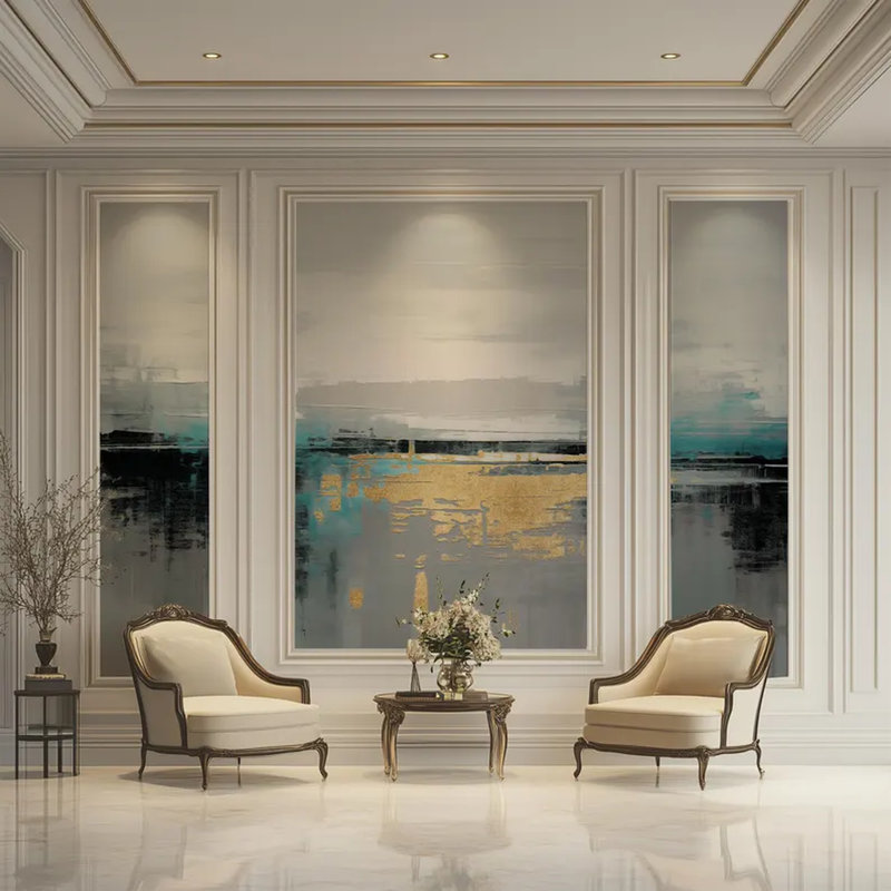 Teal Gold Abstract Landscape Wall Mural, 138" L x 105.96" W