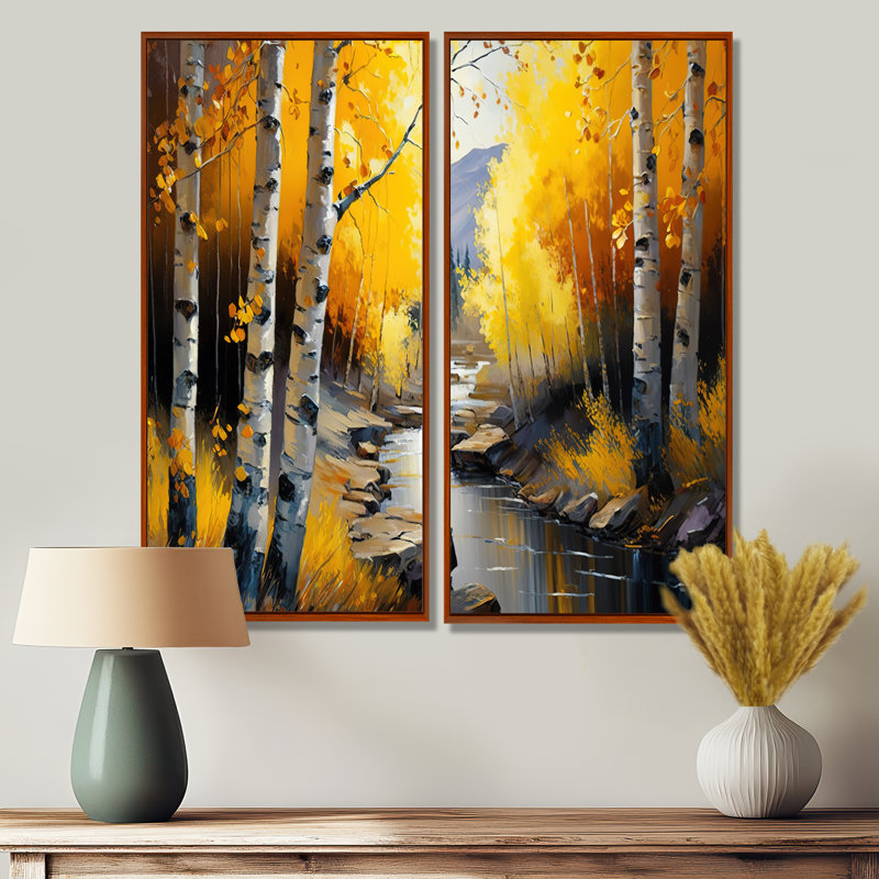 Chemin dans la forêt jaune IV - art mural traditionnel vert 2 pièces, H 40 po x l 40 po, Brun