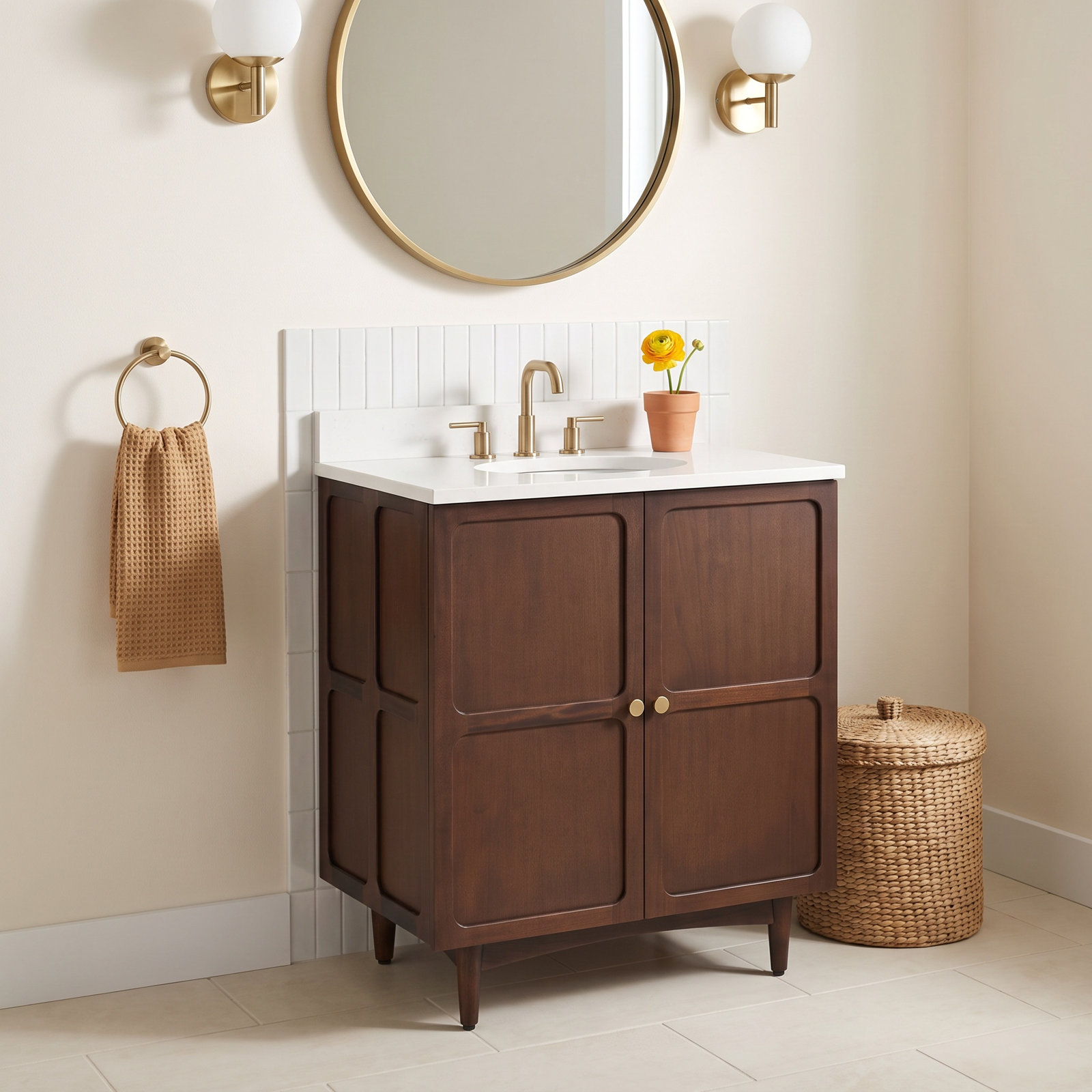 Delavan 30" Mahogany Single Bathroom Vanity, Arctic White Quartz, 8" Widespread