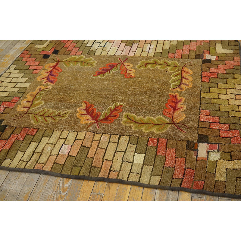 Antique Earthy Solid Open Field Layered Brick Design Border American Folk Art Hooked Rug