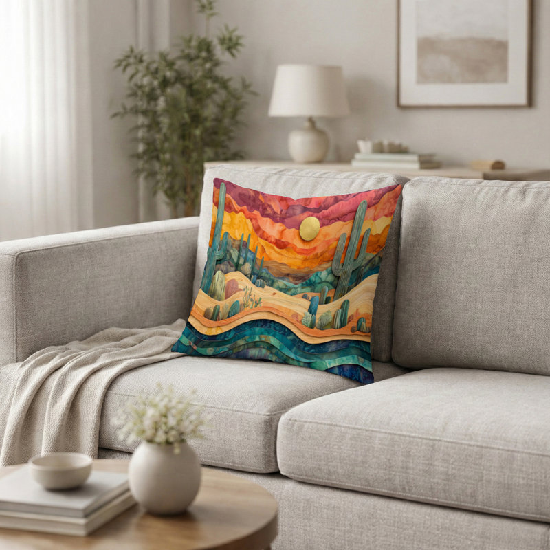 Cactus désert sur un coussin en bois Slide II - Cactus floral, H 16 po x l 16 po