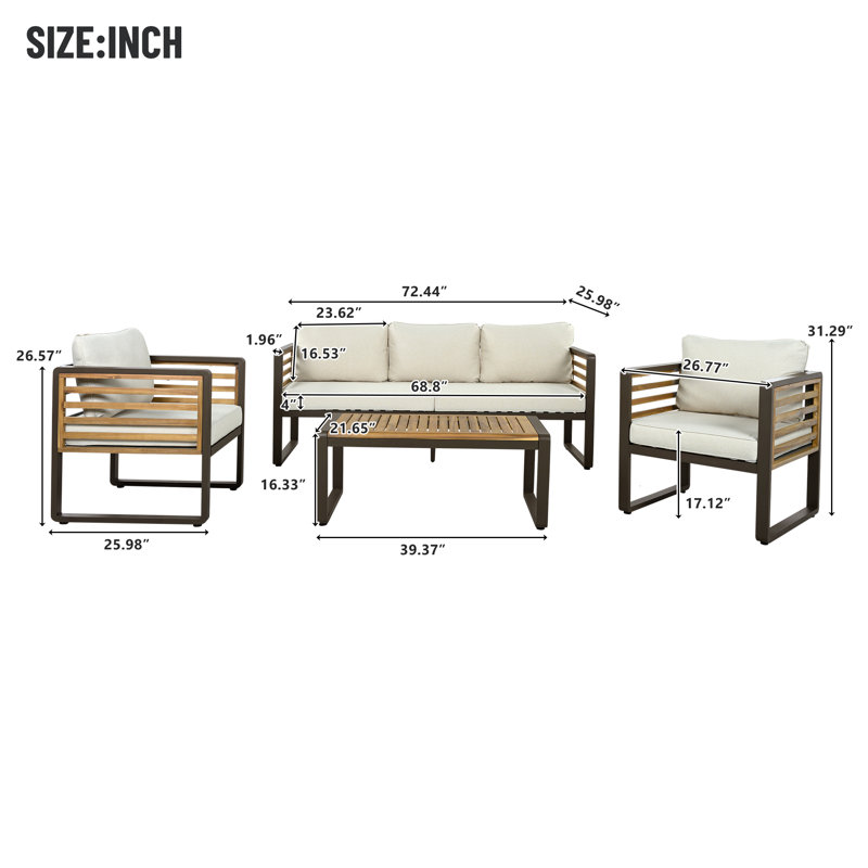 Large Size 4-pieces Outdoor Furniture sofa for 5 Person Conversation Set, Beige