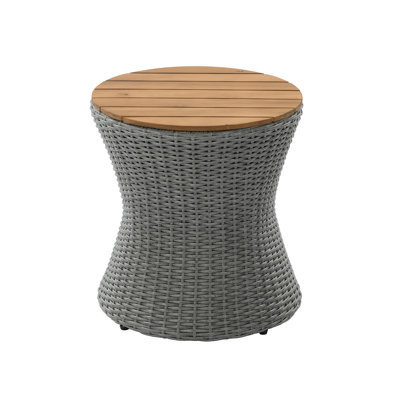 Compact 17.5 Inch Round Outdoor Side Table with Natural Wood Top and Grey Wicker Base, Weather-Resistant for Patio, Balcony, and Garden