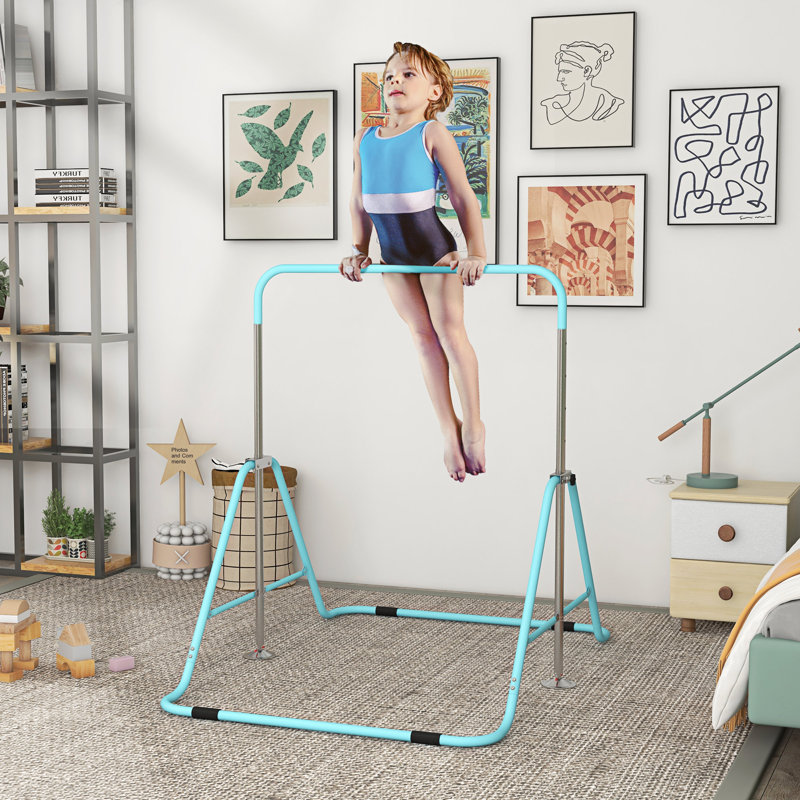 Barre de gymnastique pliante Qabo pour enfants avec amortissement des chocs, barre de gymnastique horizontale réglable, barre de gymnastique pour la maison, vert