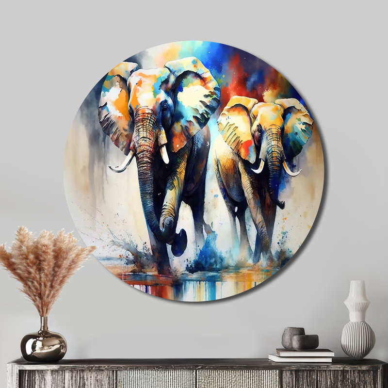 Éléphants qui courent I - animaux, art en métal rond, H 16 po x l 16 po