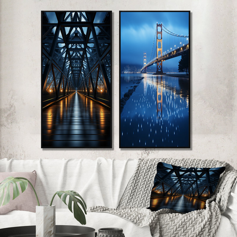 «Blue Bridge Suspension Bridge Charcoal», 2 pièces sur toile, H 40 po x l 40 po, Cadre noir