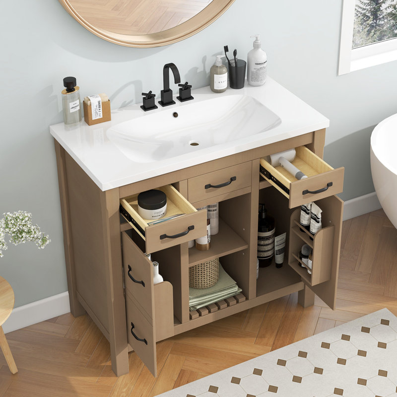 Meuble-lavabo simple 36 po avec plateau en résine Raabiah, Naturel