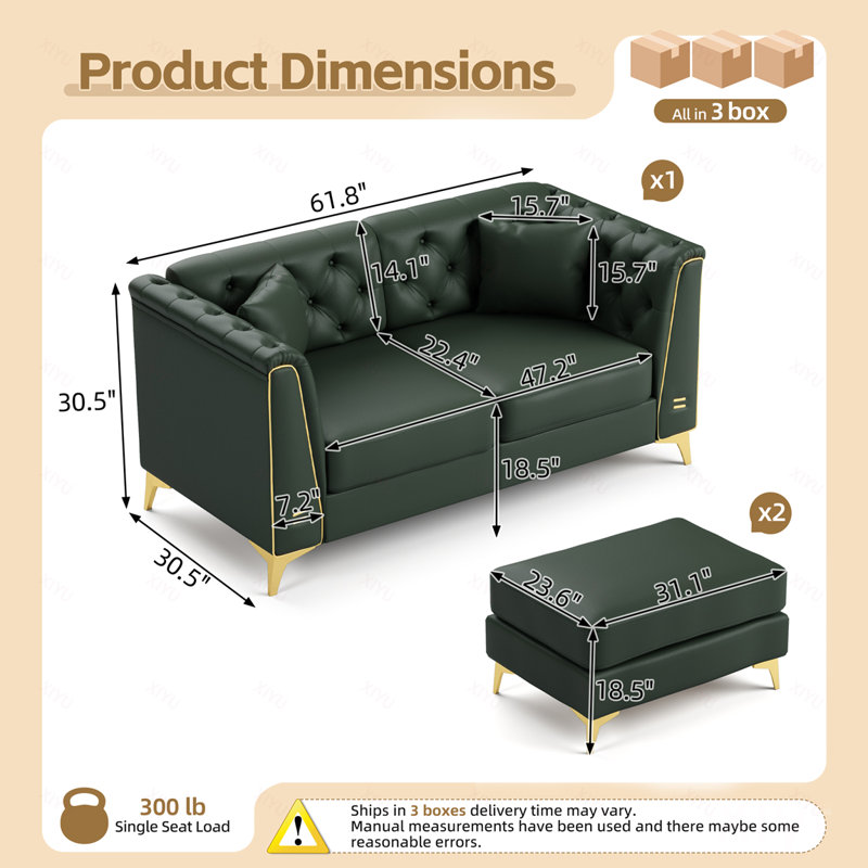 Canapé Chesterfield modulaire 2 places, canapé en similicuir avec capitonnage à boutons fait à la main, accoudoirs garnis de métal et pieds minces en métal, comprend 2 coussins