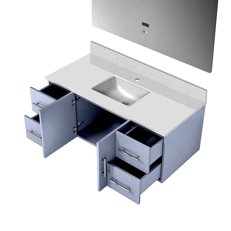Meuble-lavabo de salle de bain 48 po X P 22 po P, comptoir en quartz et Miroir à DEL, Blanc lustré, Blanc lustré