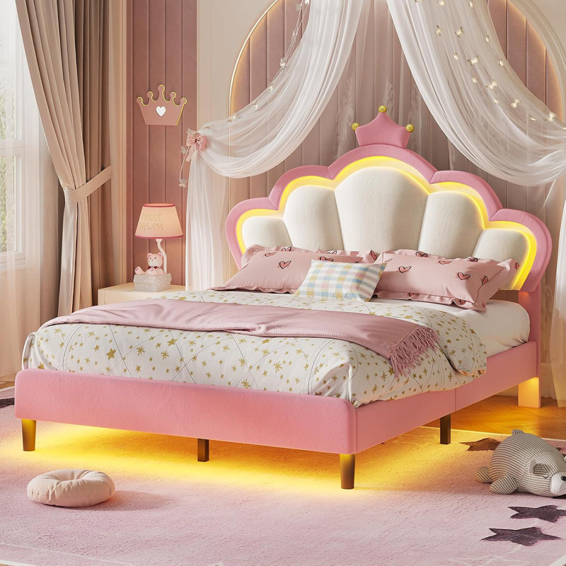 Bed Frame With Led Lights, Girls Full Bed With Princess Crown, Led Velvet Upholstered Platform Bed Frame With Adjustable Headboard, No Box Spring Needed