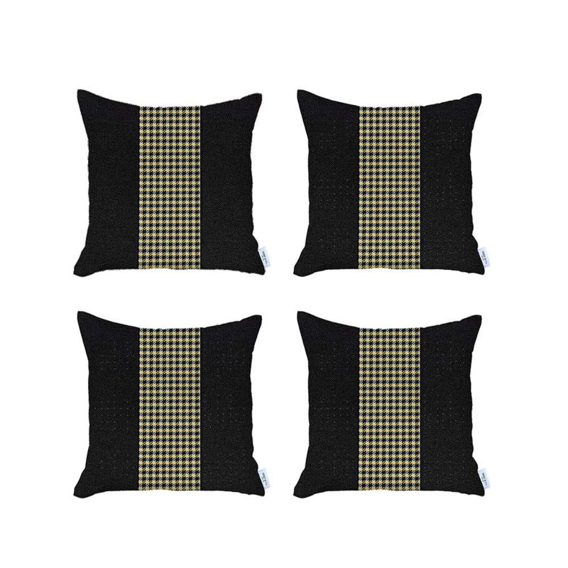 Ensemble de 4 housses de coussin pied-de-poule, Noir/jaune