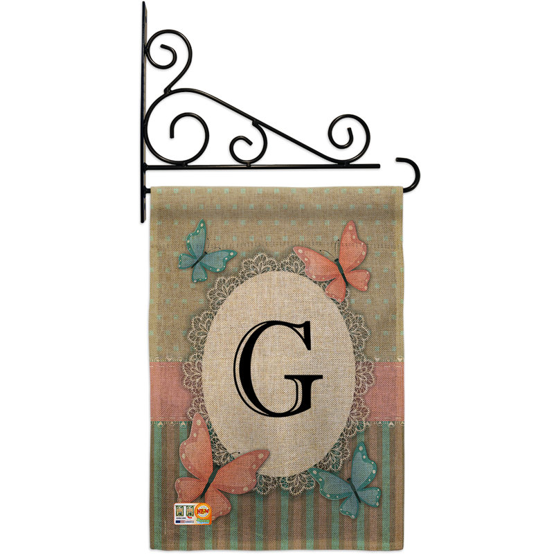 Papillons et initiale 2 côtés en toile jute 19 x 13 po drapeau de jardin, G
