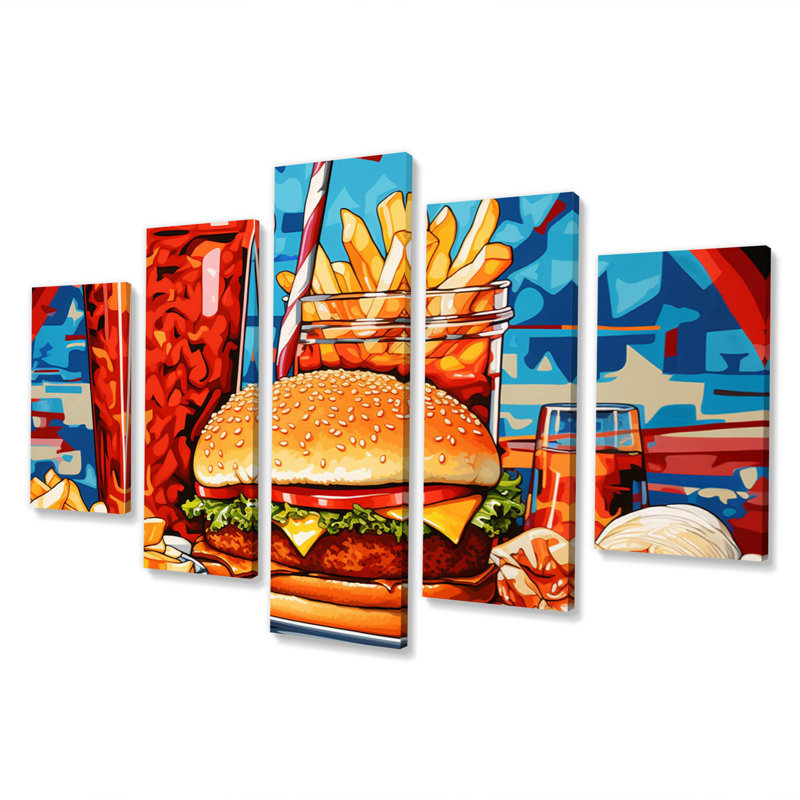  «Pop Art Fast Food Hamburger Meal I - Art mural sur toile nourriture et boissons - 5 panneaux
