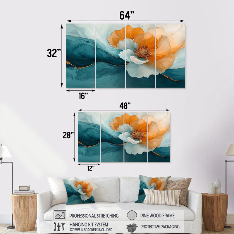Abstrait abstrait renard doré et turquoise III - Renoncule - Art mural sur toile, H 28 po x l 48 po, 4