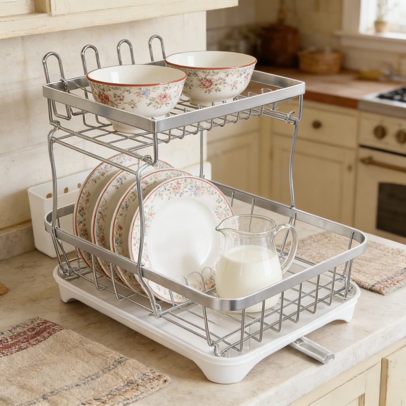 2-Tier Stainless Steel Dish Drying Rack With Adjustable Drainage Board, Removable Cup And Utensil Holders For Kitchen Counter Space Saving
