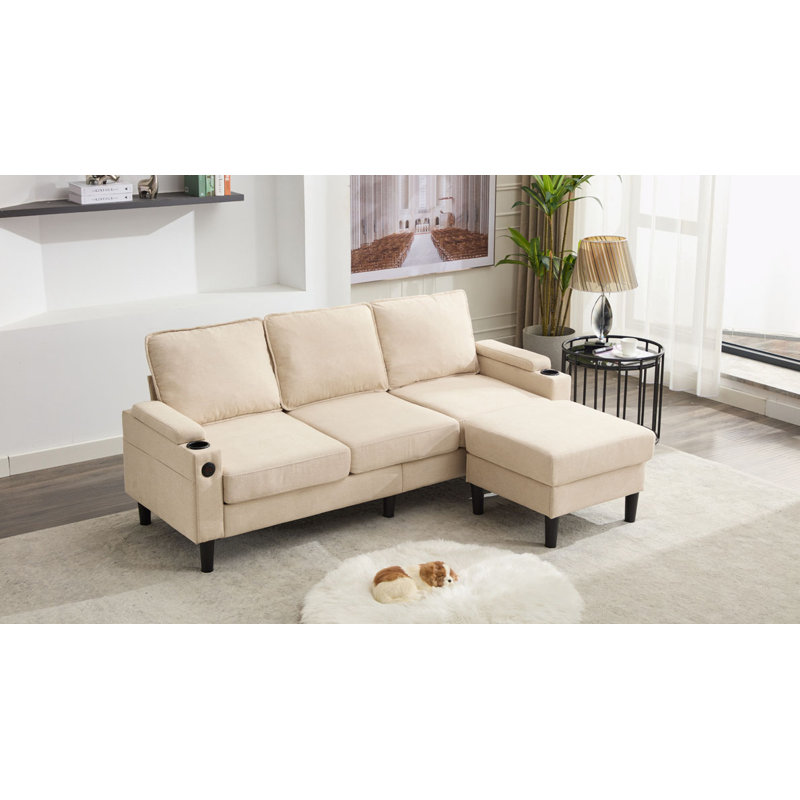 3-Seater Sofa with Storage Ottoman, Beige Linen