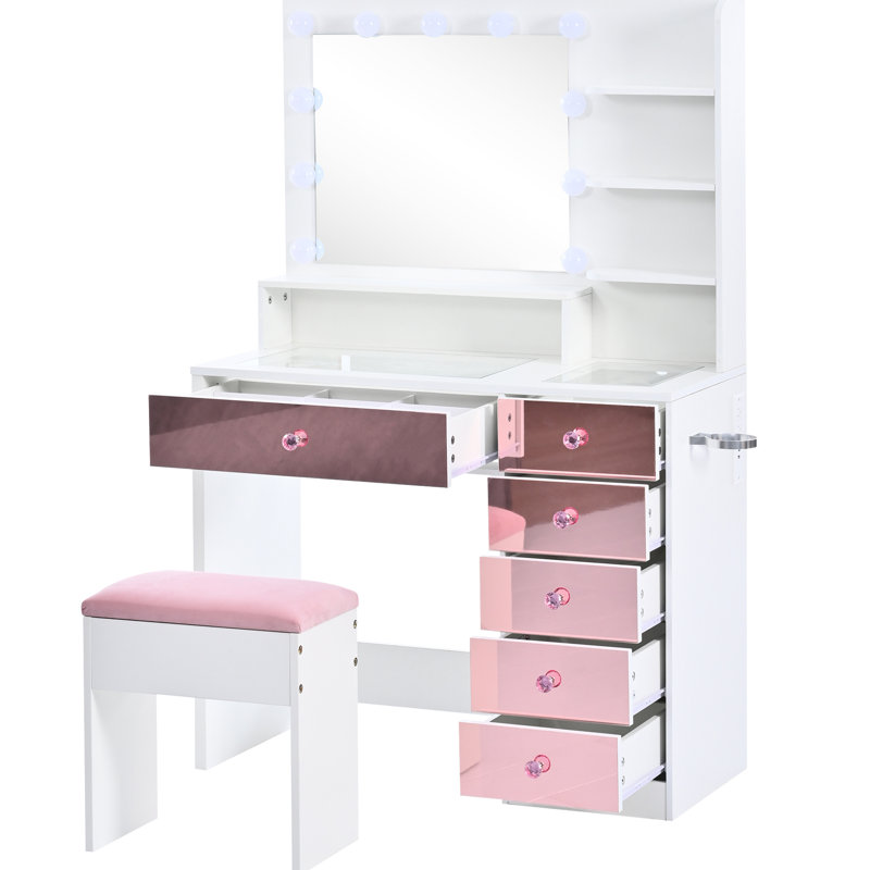 White Vanity Table, Pink Drawers, Bulbs, 3 Lighting Modes, Glass Top, Velvet Stool, Ample Storage, Charging Ports Table With Mirrored Finish, 11 And Stool. Station Storage