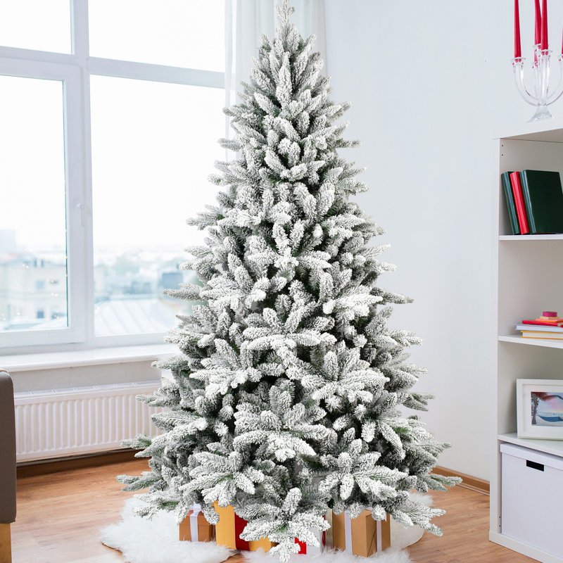 Arbre de Noël enneigé 7 pi avec 1514 pointes, arbre à charnières enneigé réaliste PE + PVC avec support en métal, arbre de Noël artificiel complet pour la décoration des Fêtes