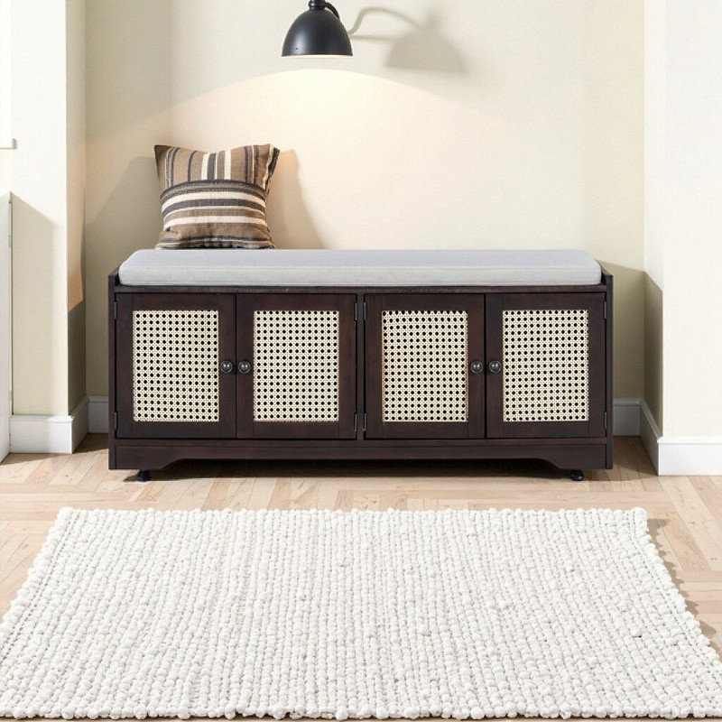 Banc de rangement d'entrée rustique de 47,4 pouces avec portes en rotin tissé, tablettes réglables et coussin amovible