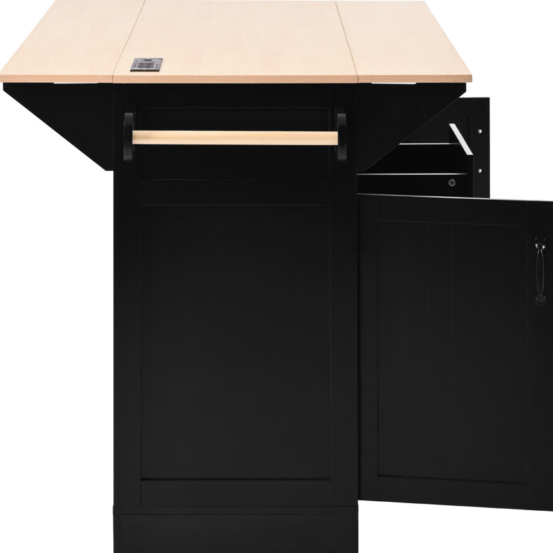 Chariot pour îlot de cuisine 55,7 po avec 2 abattants, conception pliante, prise de courant, table de salle à manger de rangement, 3 tiroirs, roulettes de couleur noire, armoire à compartiments,