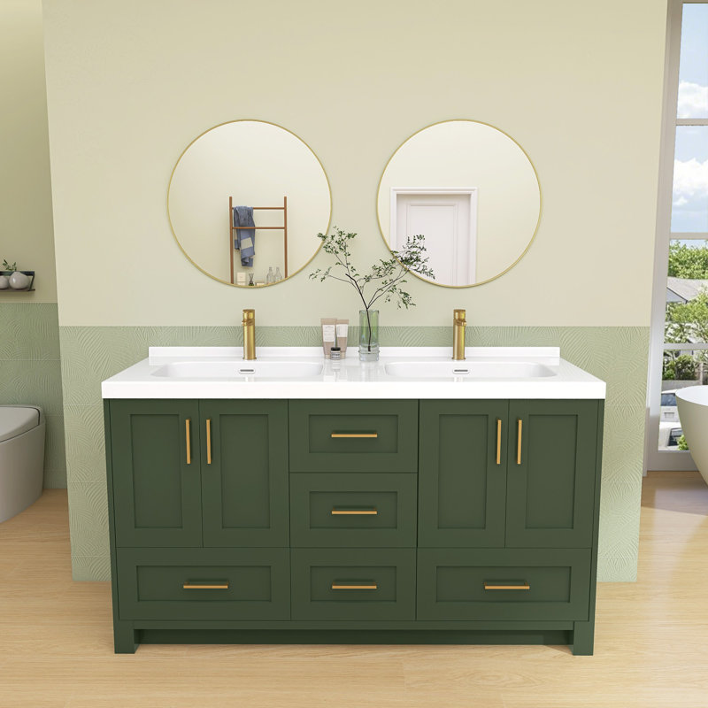 Solid Surface 60'' W X 22'' D Double Sinks Vanity Top Resin Stone Rectangular Sink Countertop in White with Pre-drilled Faucet Holes & 1.38 in. H Backsplash