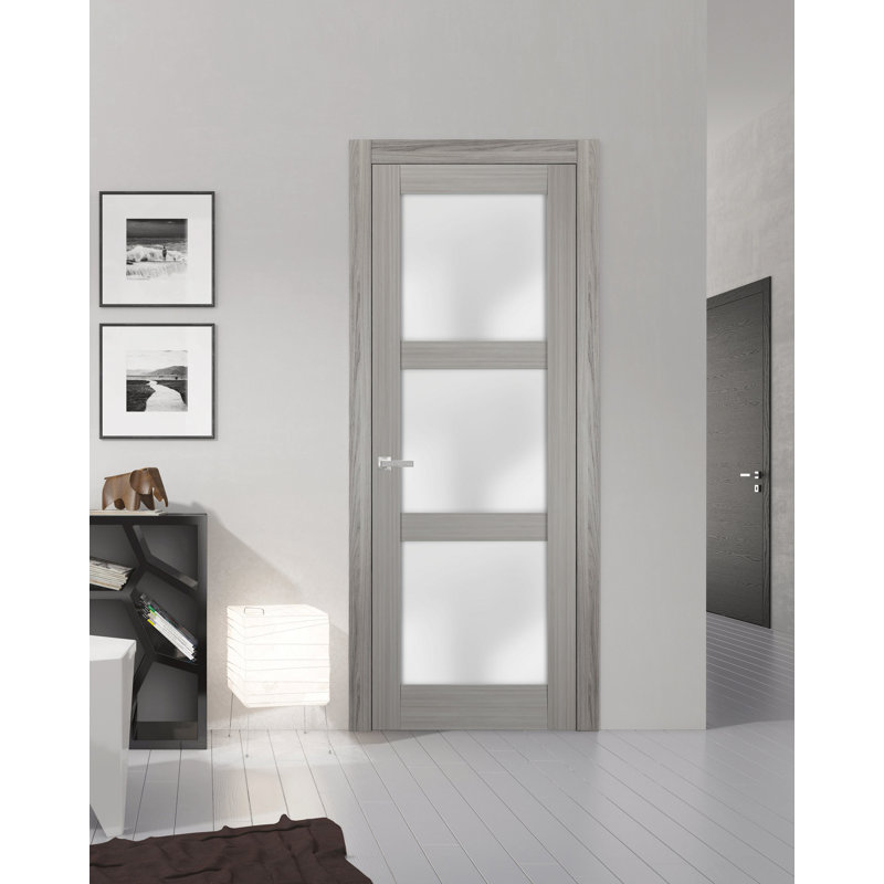Porte en verre massif givré | Lucia 2552 frêne gingembre | Poignée simple à panneau régulier | Portes de salle de bain robustes - 36 po x 84 po