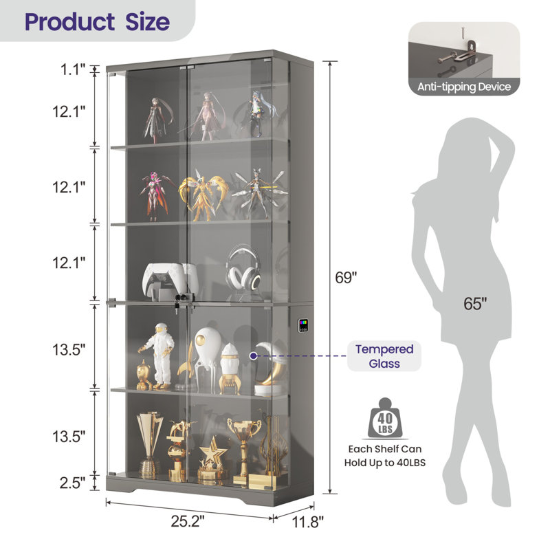 69" H Display Cabinet With Glass Doors,5-Tier Storage Cabinet With Rgb Light& Human Body Sensor, Gray