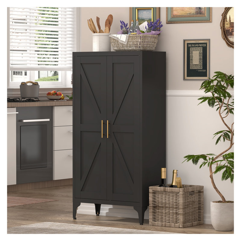 Armoire de rangement en métal noir avec étagères ajustables et portes aérées pour cuisine ou bureau