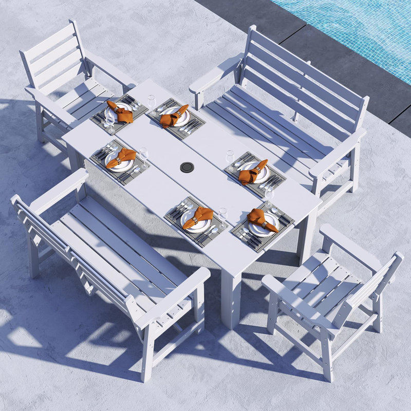 HDPE Outdoor-Dining-Table-Set, 5 Pieces: Table, 2 Chairs, 2 Benches, White